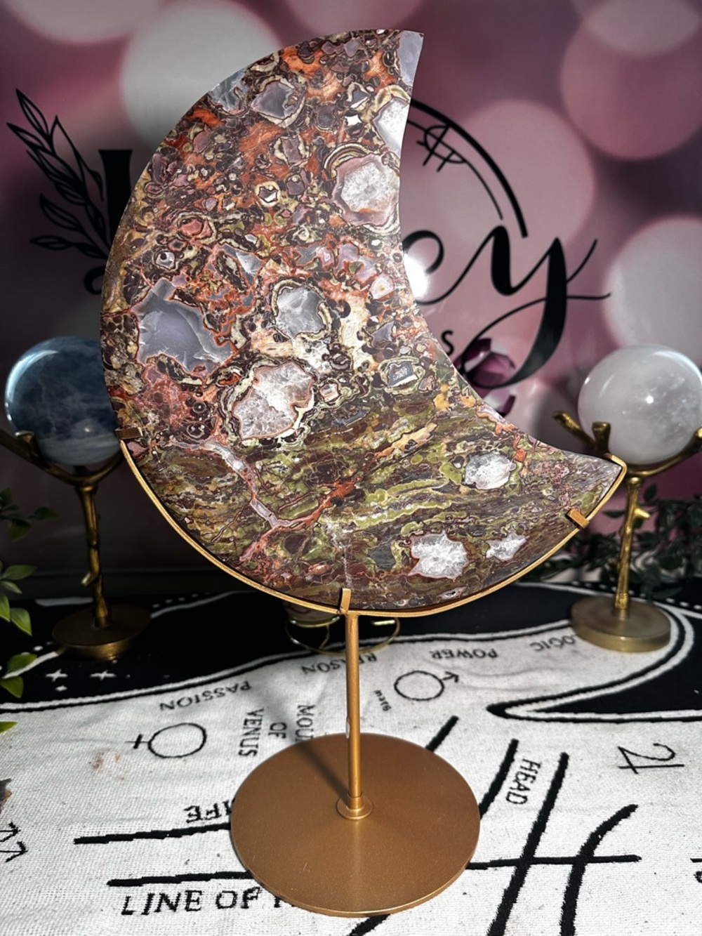 HUGE Money Agate Moon Carving with Stand